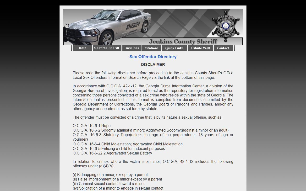 Jenkins County arrest records sheriff sex offender registry routing