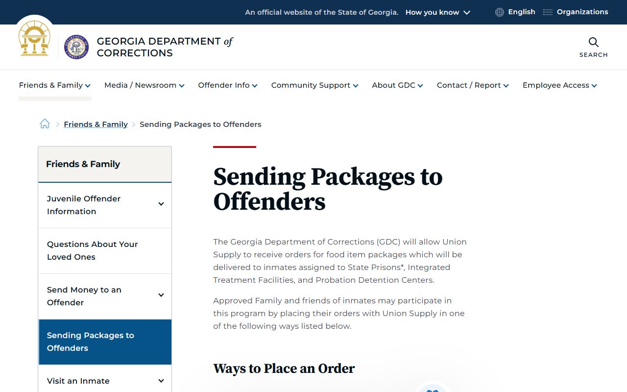 Georgia Department of Corrections package ordering page for state offenders