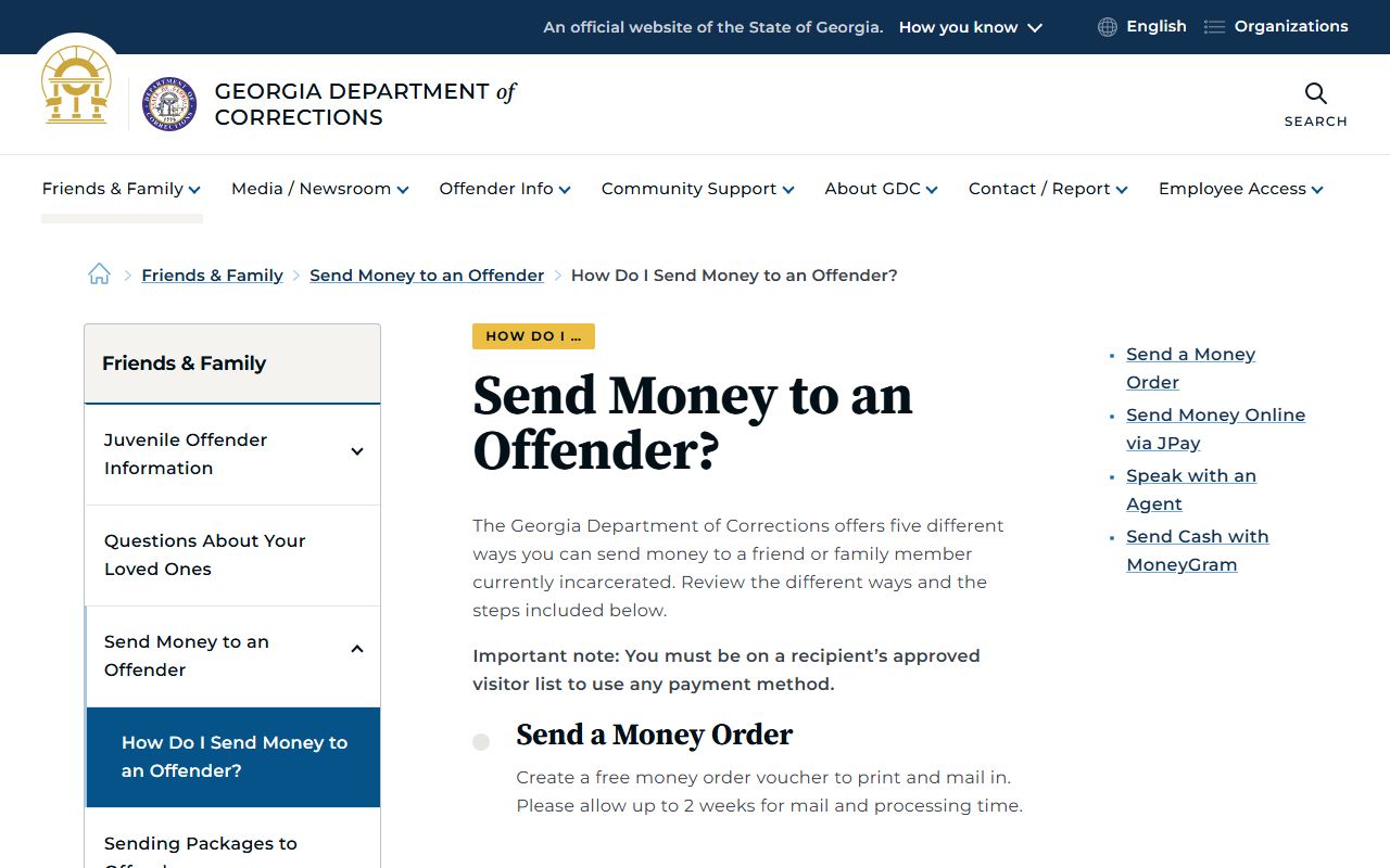 Georgia Department of Corrections send money to offender information