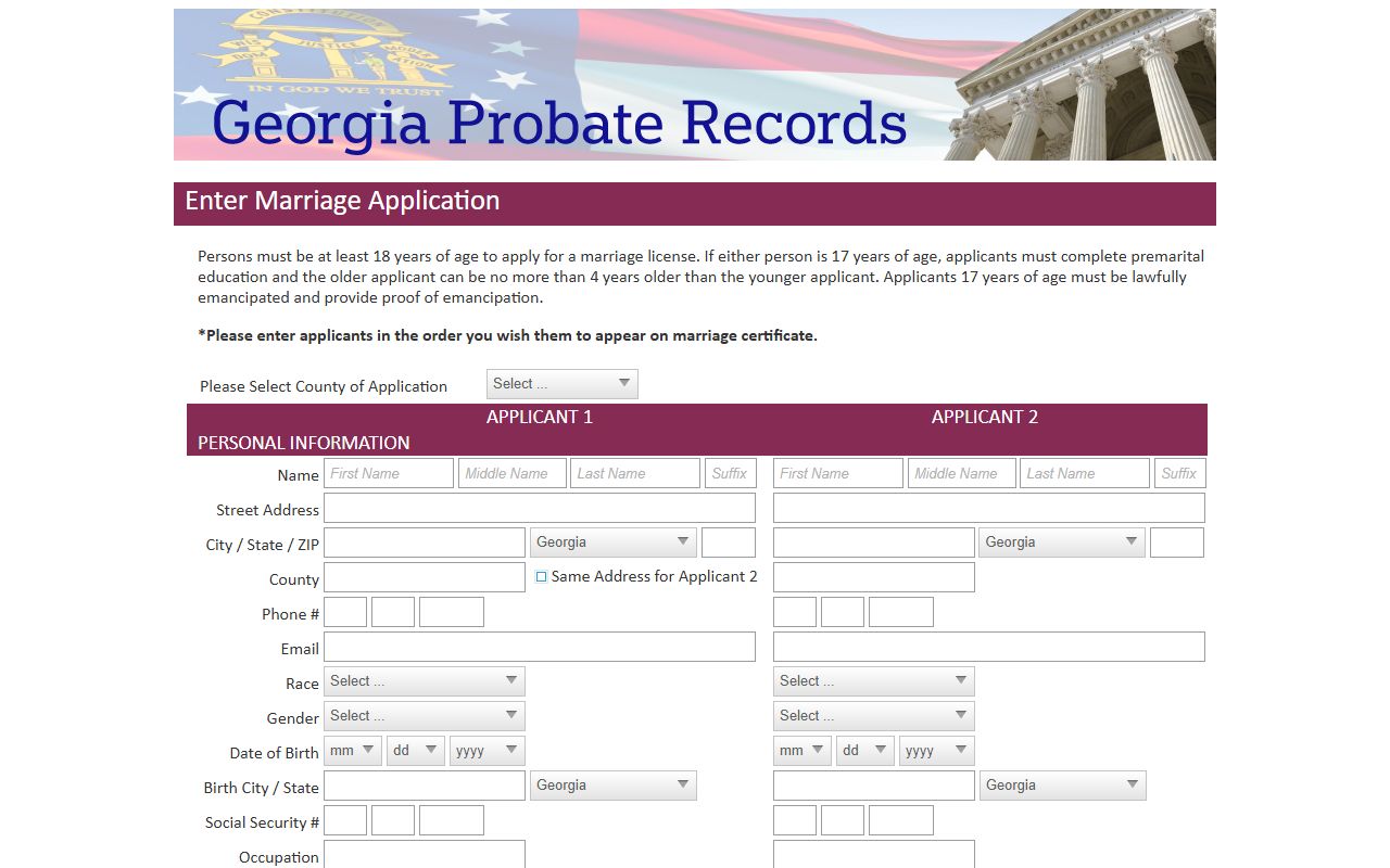 Jenkins County marriage records Georgia Probate Records application