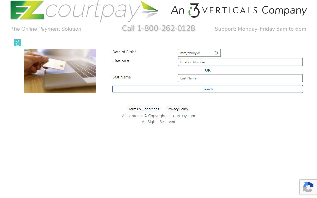 EZCourtPay citation search fields for date of birth, citation number, and last name