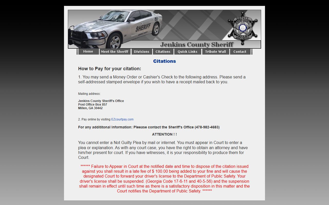 Jenkins County Sheriff citation payment instructions and failure to appear warning