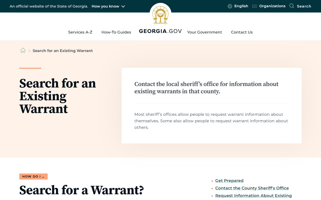 Georgia.gov warrant guidance directing users to local sheriff offices
